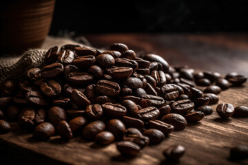 Coffee beans, on dark background. Generative AI.