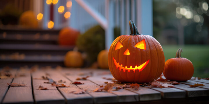 jack-o-lantern carved pumpkin on porch at night for halloween