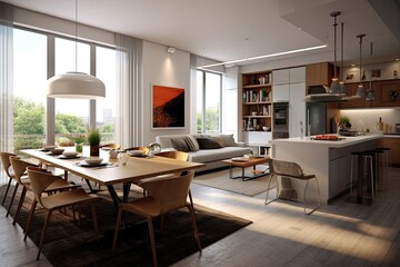 The dining area, TV room, and kitchen are all contemporary interior spaces with furniture.