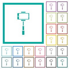 Smartphone on selfie stick front view flat color icons with quadrant frames