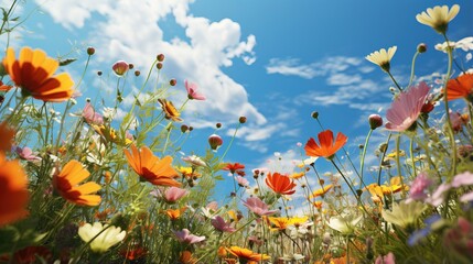 View from below of wildflowers against sunny blue sky with copy space