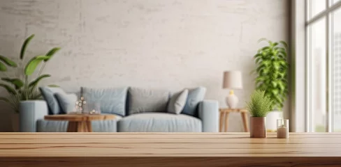 Foto op Plexiglas Wood table top on blur living room have sofa and armchair, Generative AI  © Geetanjali