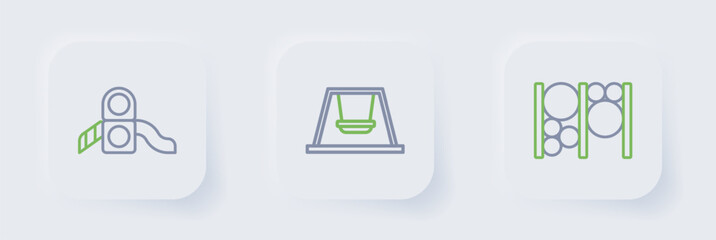 Set line Playground climbing equipment, Ferris wheel and Slide playground icon. Vector