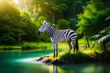An adorable zebra standing amidst lush foliage in a vibrant jungle, with a serene lake glistening in the background generated by AI tool