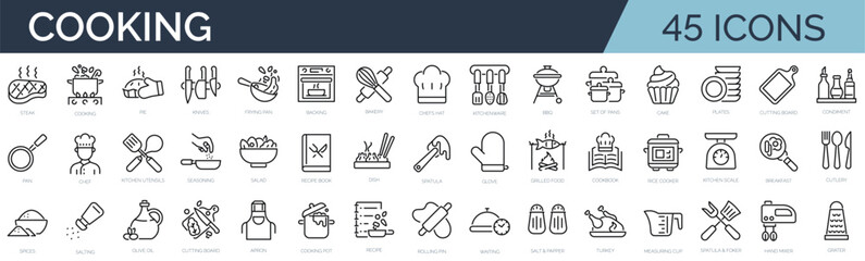 Set of 45 outline icons related to cooking, kitchen. Linear icon collection. Editable stroke. Vector illustration - obrazy, fototapety, plakaty
