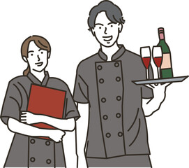 飲食店で働くアジア人の男女の店員
