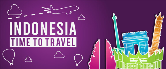 purple banner of Indonesia famous landmark silhouette colorful style,plane and balloon fly around with cloud,vector illustration