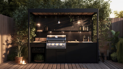 Scandinavian design, of a black simple outdoor kitchen with vegetation, black panel, outdoor lighting, grill, the image is seen from the front, soft golden hour. Generative AI