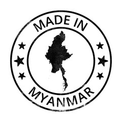 Made in Myanmar grunge rubber stamp with country map isolated on transparent background