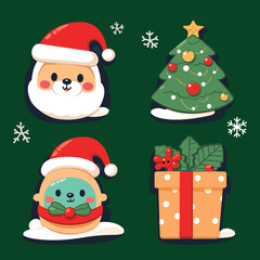 Set of 4 Christmas vector illustrations on green background