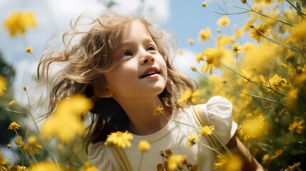 Closeup of child amidst a sea of golden flowers that adorn the summer landscape. Child encapsulating the essence of youthful joy and the vibrant hues of the season.