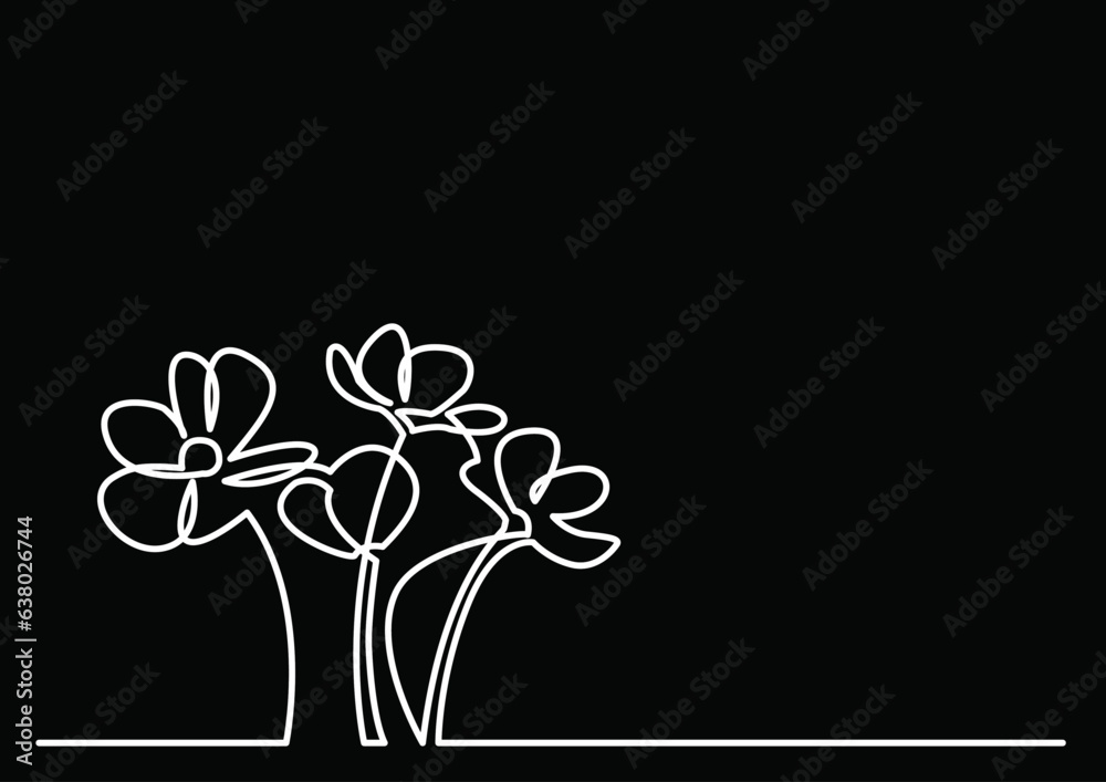 Wall mural continuous line drawing vector illustration with FULLY EDITABLE STROKE - of beautiful flower bouquet invitation floral card design on black background