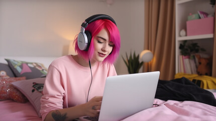 Hipster teen girl school student with pink hair wear headphone write notes watch video online webinar learn on laptop. E-learning concept. Homeschooling.