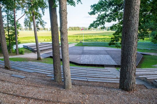 A small outdoor stage made of wooden boards. Latvia, Dikli
