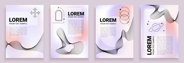 Abstract 2000s aesthetic backgrounds with Lorem Ipsum text, four liquid holographic backdrops, prints, banners and posters in 00s graphic style.