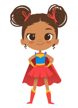 Cartoon vector characters Superheroe Black Girl, isolated on white background. Perfect for party, invitations, web, mascot.
