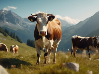 Fototapeta na wymiar Cow in the background of alpine meadows