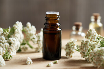A bottle of yarrow essential oil on a table