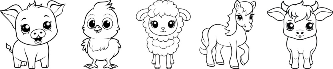 Farm animals friendly cartoon characters collection. Pig, chicken, sheep, horse and cow animal friends. Black outline coloring book vector illustrations.