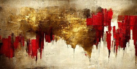 Generative AI, Red, golden and black watercolor abstract painted background. Ink black street graffiti art on a textured paper vintage background, washes and brush strokes.