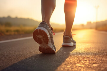 Close up of runner athlete's feet and running shoes running on asphalt road under bright light in the morning.
Lifestyle concept for sports and hobbies.
