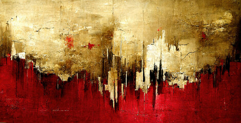 Generative AI, Red, golden and black watercolor abstract painted background. Ink black street graffiti art on a textured paper vintage background, washes and brush strokes.
