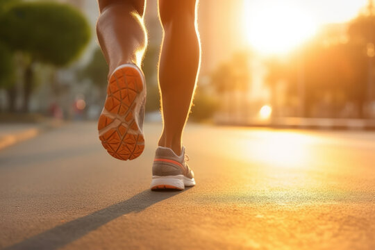 Close up of runner athlete's feet and running shoes running on asphalt road under bright light in the morning.
Lifestyle concept for sports and hobbies.
