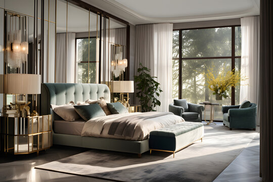 Art-deco-inspired bedroom with velvet upholstery mirrored furniture and gold accents.