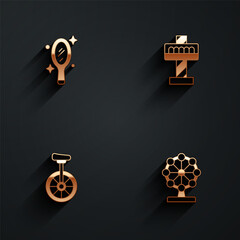 Fototapeta premium Set Magic hand mirror, Attraction carousel, Unicycle and Ferris wheel icon with long shadow. Vector