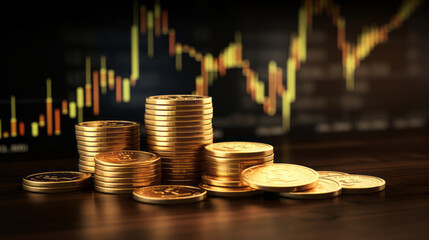 A stack of golden coins with a stock chart in the background