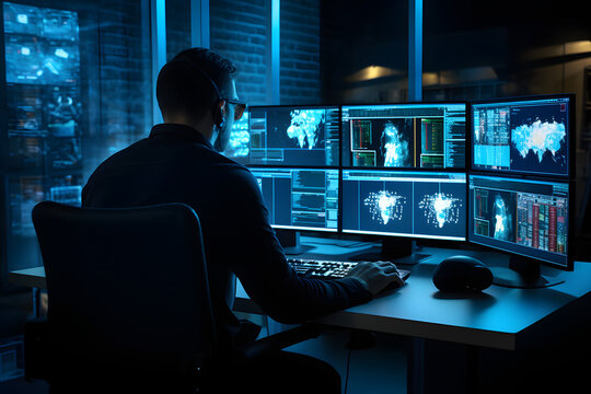 Digital forensic expert analyzing cybercrime evidence on multiple monitors.