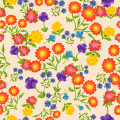Cute cartoon blooming flowers in flat style seamless pattern. Bright floral background. - 638029599
