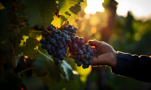 une main qui tient une grappe de raisin noir au milieu des vignes