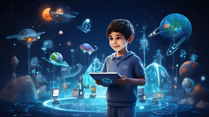 Fototapeta na wymiar Boy pupil using digital tablet, blue hud with rocket launch and different icons, social media and network connection.