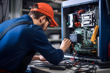 IT technician installing hardware components into a desktop computer.