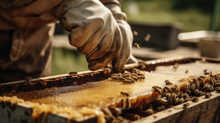 Beekeeper checking the honey harvest from the hive. Generative AI