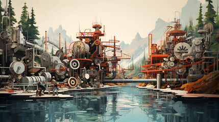 Natural elements merging with industrial machinery in a surreal landscape, reflecting the encroachment of human development on the natural world