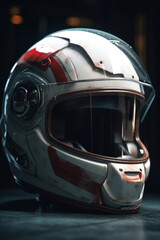 Fototapeta premium Biker helmet on black background. Generative AI.