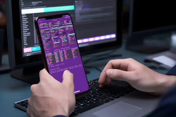 Mobile app developer debugging code on a smartphone emulator.