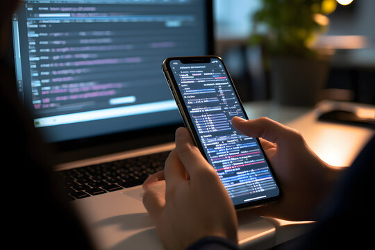 Mobile app developer debugging code on a smartphone emulator.