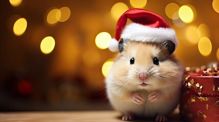 Fototapeta na wymiar A heartwarming depiction of a cute hamster adorned with a miniature Christmas hat, its tiny paws adding to the adorable holiday scene - Generative ai
