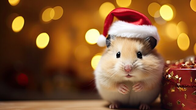 A heartwarming depiction of a cute hamster adorned with a miniature Christmas hat, its tiny paws adding to the adorable holiday scene - Generative ai