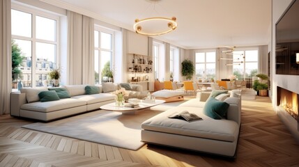 The inside of a trendy, modern apartment is pastel colored. a room with huge windows that let plenty of natural light in. Parquet wood flooring, white walls, and a fireplace made of