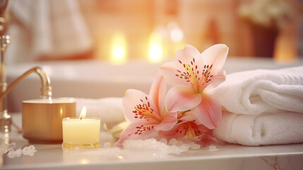 spa setting with candles, towels and orchids