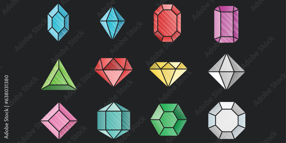Poster Gemstones of various colors and shapes. Drawn jewels made in the same style, but different in color and shape.