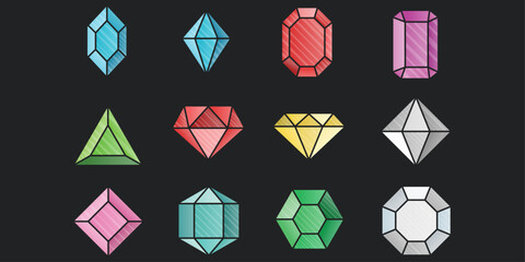 Gemstones of various colors and shapes. Drawn jewels made in the same style, but different in color and shape.