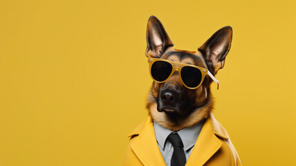 German Shepherd dog wearing funky fashion dress and glasses. Dog posing as model.