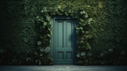 A green door framed by a vibrant wall of plants