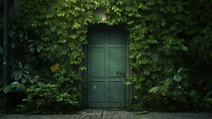 Fototapeta na wymiar Green door with leaves wall. Naturalistic concept