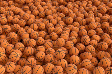 Many of flying orange basketball ball falling on blue background